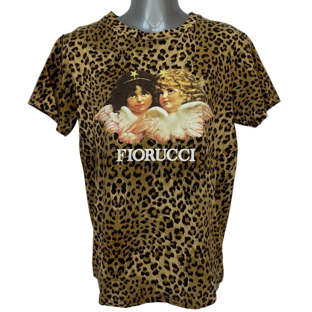 Fiorucci Graphic Tee Leopard Print Cherubs Angels T-Shirt Top Womens Size Medium